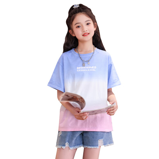 NICKYBABY女童短袖t恤2025新款大童夏季纯棉女孩渐变上衣T儿童洋气宽松夏装 9852渐变短袖 140 cm