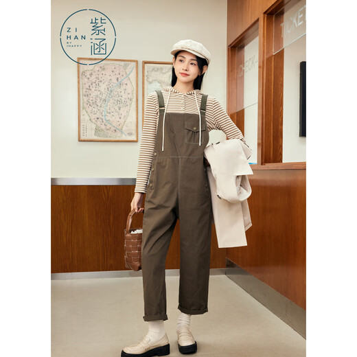Zihan (ZIHAN) Zihan retro striped sweater + small overalls two-piece suit for women, spring, moss green XL
