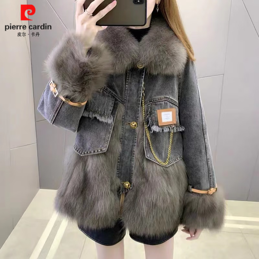 
Pier Cardin 2024 winter Korean version new denim fox-proof young parka coat for women mid-length fur down jacket 3521# denim fur S-suggested 85--100Jin [Jin equals 0.5 kg]