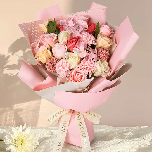 First Blossom 21 Roses, Carnations, Eternal Life Soap Bouquet, Birthday Gift for Women, Valentine's Day, New Year's Day, Same City Delivery, Non-Flowers