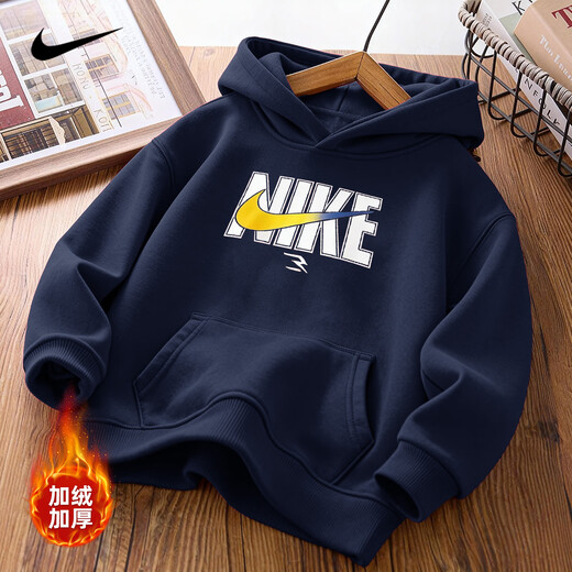 NIKE Nike Boys Hooded Sweatshirt with Velvet 2025 New Autumn and Winter Girls' Clothing Big Children's Thickened Top to Keep Warm in Winter Indigo 2233 Velvet and Thickened High Weight 160/L Recommended Height 152-158cm