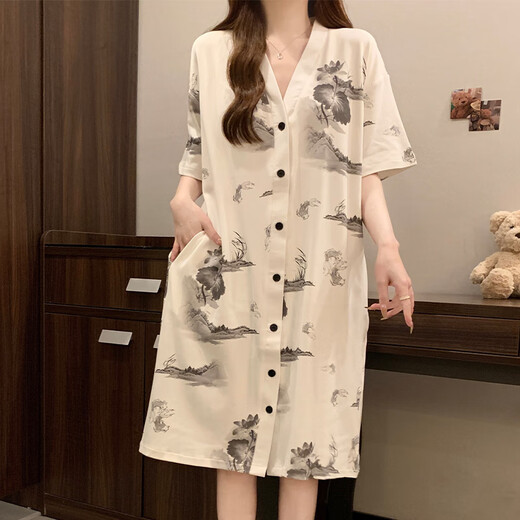 Hong Kong Lianya Nightgown avec coussinet mammaire pour les femmes pour l'été à manches courtes à manches minces de pyjamas pour femmes peinture à l'encre de grande taille pour les vêtements pour la maison pour usager 5155 fleurs vertes avec coussinet xl x