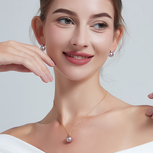 Nanxi Jiuzilihuo 18K gold diamond freshwater pearl pendant necklace for women, round, large particles, simple clavicle chain gift, delicate 10-11mm