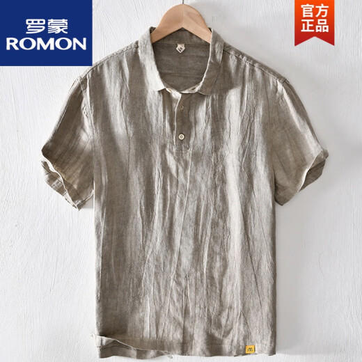 ROMON Chinese style linen lapel short-sleeved T-shirt men with collar linen men's cotton linen T loose shirt collar top msp795 light blue 3XL 185Jin [Jin equals 0.5 kg]