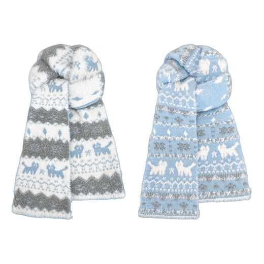 Fair Isle style cute cat double-sided knitted scarf for women autumn and winter warm retro all-match scarf windproof and cold-proof blue and white cat one size