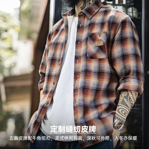 Madden Workwear Polar Fleece Plaid Shirt Jacket Men's American Retro Plaid Plus Velvet Warm Men's Long Sleeve Shirt Autumn and Winter Blue Brown Sleeves Not Velvet XL