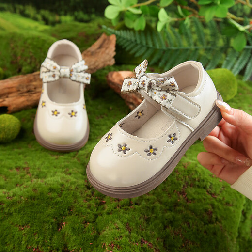 Yezhi Girls' Leather Shoes for Spring and Autumn Seasons New Fashion Soft Soled Princess Shoes Bow Embroidered Children's Shoes Girls Off-White 23 Inner Length 14.5cm