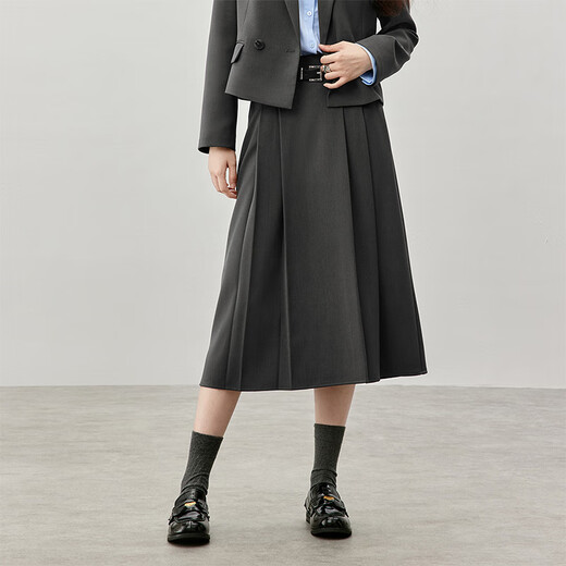 Shandubila temperament commuter skirt women's autumn and winter fashionable high-waisted pleated skirt mid-length A-line skirt dark gray M