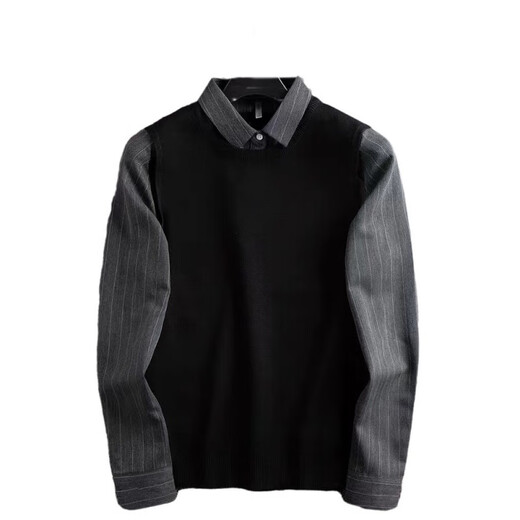 
Aseblarm light luxury autumn and winter thick warm business casual shirt collar fake two-piece sweater men slim pullover knit sweater men black M