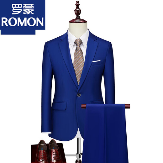 ROMON men's suit casual suit groom formal suit groomsman male business wedding suit interview engagement sapphire blue XL