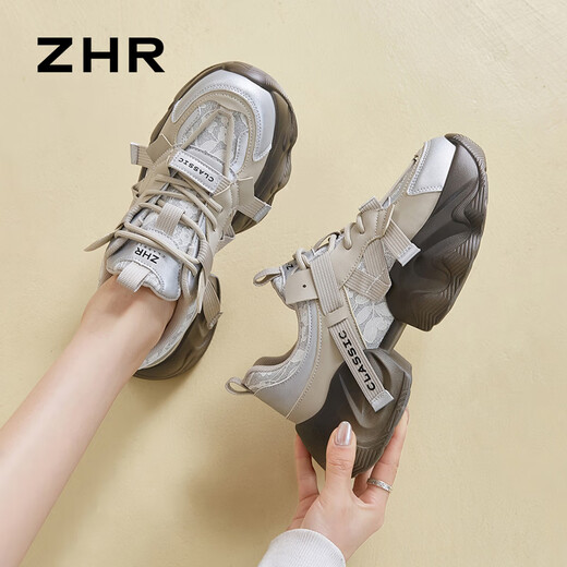 
ZHR dad shoes for women lightweight thick sole heightened casual shoes versatile trendy round-toe women's shoes G677 gray 37