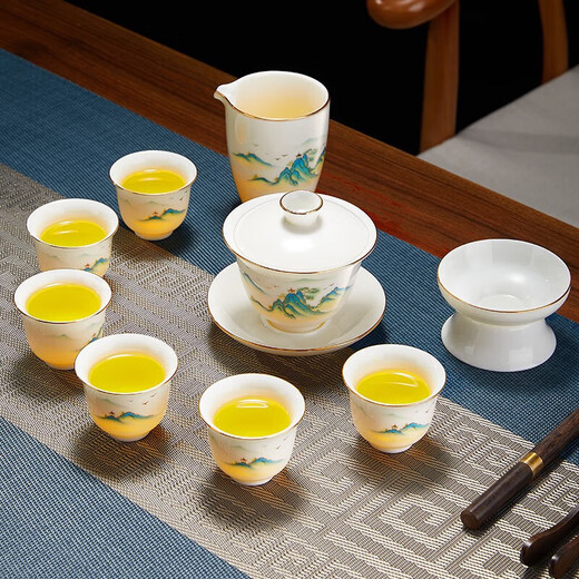 Wilkie Tea Set Tea Maker Full Set Kung Fu Tea Set Complete Set High-end Ceramic Tea Cup Set Jingdezhen Household Tea Set Tea Set Wanli Jiangshan Ten-Head Gold Gift Box