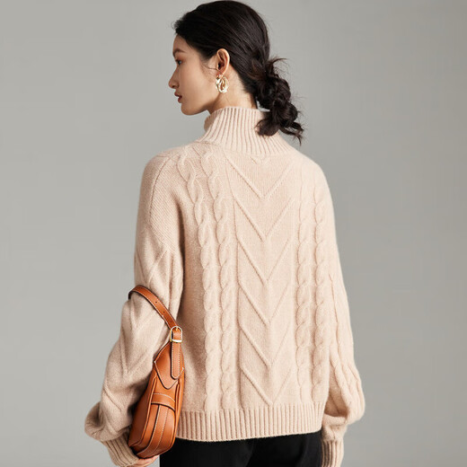 PALUOPO half turtleneck cable knitted sweater for women winter new loose casual warm pullover knitted cashmere sweater for women ET21322R light rice XL 170/110