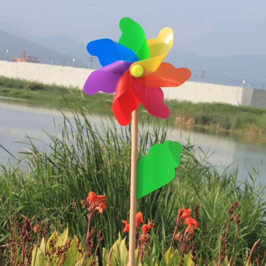 Hi (haizou) Traditional wooden pole colorful windmill outdoor decoration sunflower double-decker windmill children's toy street stall large windmill colorful windmill 18cm with 40cm wooden pole
