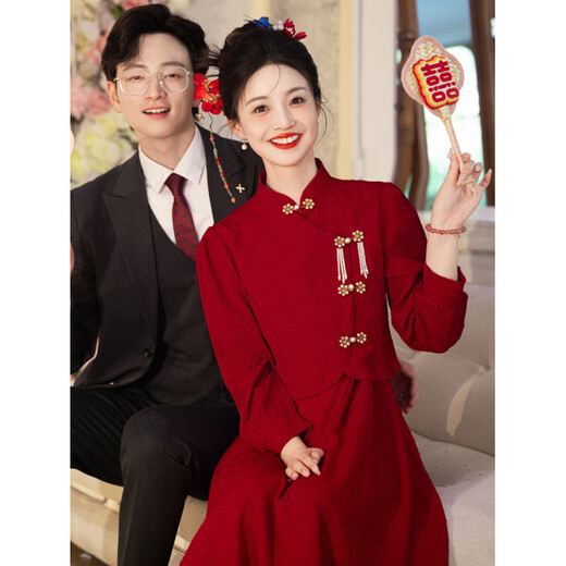 Spring Man (TANHUANGREN) Toast Wear Bridal Long Sleeve New Chinese Style Cheongsam Red Wedding Engagement Dress Little Man Home Clothes Burgundy M