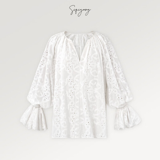SIQIYOUNG Camellia - Hollow three-dimensional embroidery top, embroidered fabric super petal shirt, moonlight white M