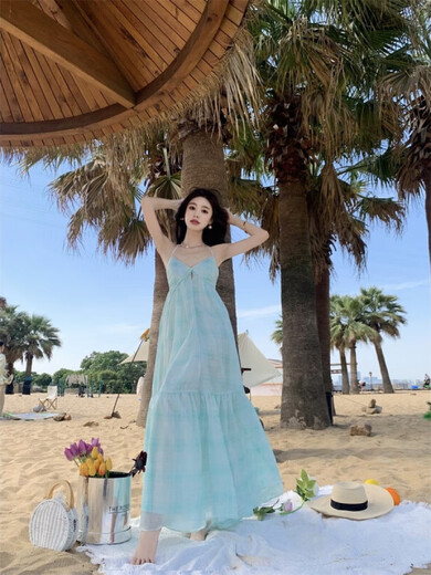 Fhhuabd Hyacinth Purple Mint Green V-Ececk Hanging Code Tling Long Dopamine Dopamine Seaside Falda Fairy Falda 9755 Color de imagen