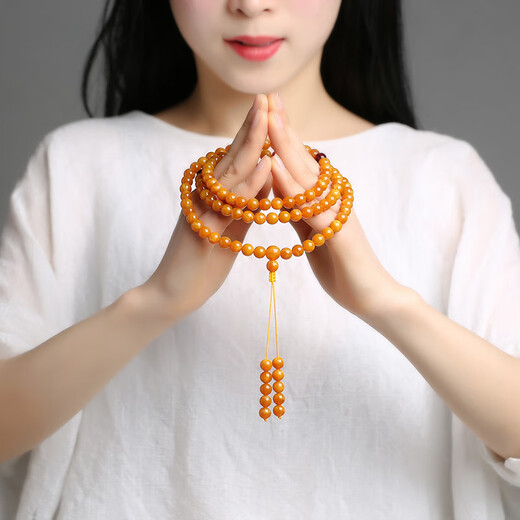 Fat Donglai's same beeswax necklace is selected from Burma's old multi-circle 108 Buddha beads raw mineral amber, old beeswax 108 beads diameter 6mm