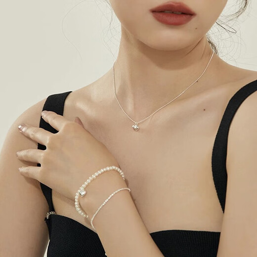 CHINA GOLD Broken Silver Pearl Bracelet Women's Natural Sterling Silver Bracelet Birthday Gift for Girlfriend and Wife Wedding Anniversary Small Heart Double-Layer Bracelet Brand Gift Box