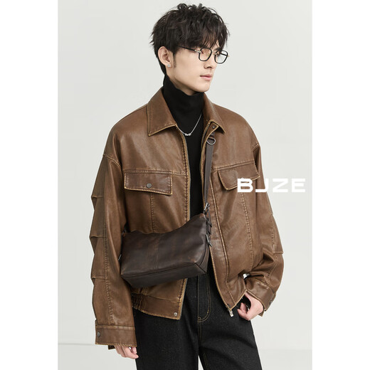 Earl Zall washed and rubbed color cotton PU imitation leather leather jacket men's warm jacket 2024 autumn and winter new style E441658 Root Beer 2XL 185