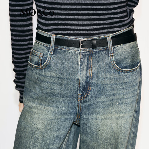 MO&Co. Divine Pants Jeans 2025 Winter New Arrival Cotton Nostalgia Washed and Hot Diamond Wide Leg Pants Mid-Waist MBE4JENT08 Denim Blue L 28