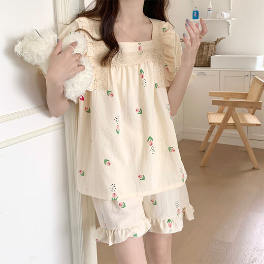 紫颂少女生睡衣女士夏季薄款大码公主风短袖短裤可爱春夏天家居服套装 693粉色 M  (建议体重80-100斤)
