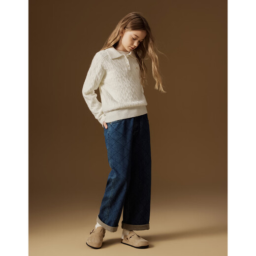 ELLE KIDS复古菱格抓绒直筒女童牛仔裤百搭秋季新款设计感休闲裤子