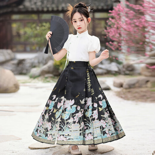 
Baaober Chinese style girl Hanfu summer new Chinese performance costume set new Tang suit horse face skirt girl summer Ming style black plus 2687 white 130cm