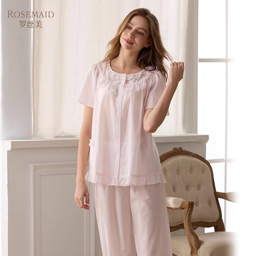 
Roseme Roseme Spring and Summer New Product Pure Cotton 60-pin woven fabric inlaid with lace short-sleeved trousers pajamas two-piece set 13068 Pink 155(S)