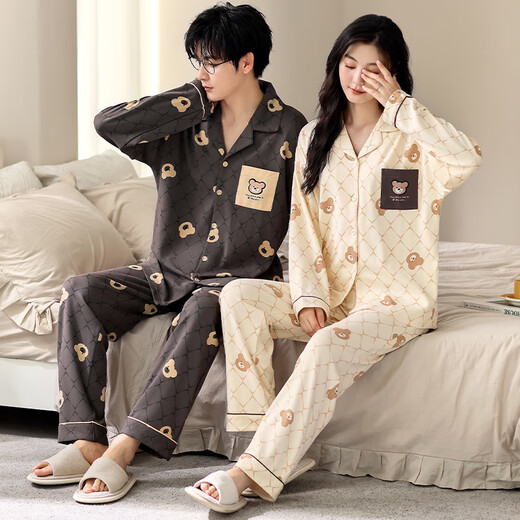 clolv kiss pajamas couple outfit one man and one woman spring and autumn pure cotton cardigan long sleeve cartoon ladies suit can be worn outside home clothes TSM967 M women