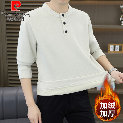 Pierre Cardin autumn and winter new velvet thickened Henry round neck sweatshirt men's casual warm long-sleeved T-shirt bottoming shirt khaki velvet thickened 2XL 160-170Jin Jin equals 0.5 kg