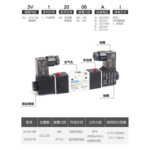 Válvula solenoide neumática Yadeke (Airtac) Yadeke 3V120-06-M5-A-B-DC24V-AC220V Válvula de dos posiciones de dos posiciones controlada electrónicamente 3V12006C
