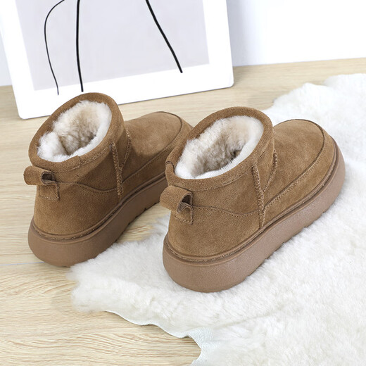 Belle-Ta Brand Botas de nieve de lana de cuero roto para mujeres Nuevos tubos cortos de suela gruesa de invierno más terciopelo con zapatos de algodón sin deslizamiento en espesas Color de regaliz (lana pura) 37