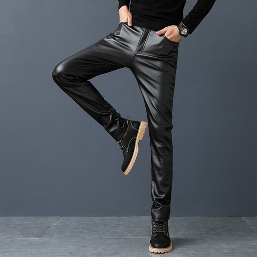 SexeMara new leather pants for men slim motorcycle tight black motorcycle foot pants spring and autumn plus velvet thick Korean version slim leather pants single thin leather 35 (2 feet 8)
