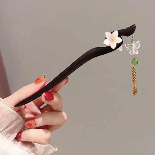 Su Shiliu's new Chinese style hairpin for women, black sandalwood, ancient style Hanfu hairpin, rocking plate hairpin, wooden hairpin for girlfriend New Year's birthday gift, double-sided flower, butterfly tassel hairpin