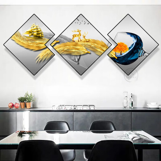 Aohan Modern Restaurant Decoration Painting Creative Wine Glass Multi-sided Rhombus Painting Hall Dining Table Background Wall Hanging Painting Dining Room Wall Mural JD15827 50*50/50*50/50*50 Textured Oil Canvas Aluminum Alloy Black Frame