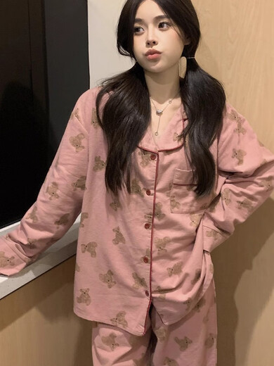 朵蕾汀韩版s可爱小熊睡衣女春秋长袖日系卡通甜美少女学生家居服 9227爱心27  M  75-100斤