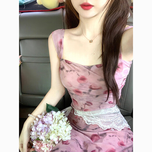 GARNUO French temperament floral suspender dress for women in summer 2025 new waist-hugging seaside vacation small long skirt pink M[101-115Jin[Jin equals 0.5 kg]]