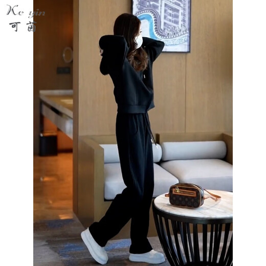 可茵（Keyin）卫衣女2025年春季新款女装宽松休闲运动服连帽卫衣两件套套装女潮 9708黑色（拉链） S