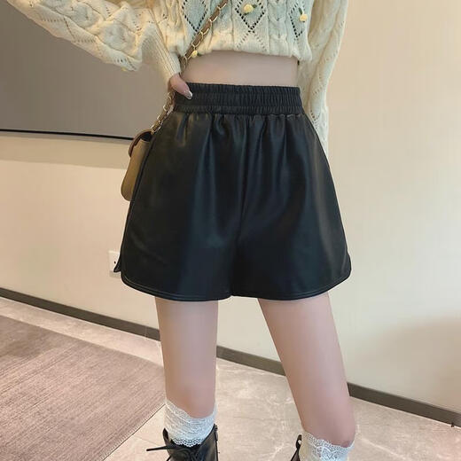 Miao Yijia Shorts Women's Autumn and Winter Black Leather Shorts Paired with Boots to Make Legs Longer High Waist Tight Hot Pants Hot Pants for Slimming Elastic Waist Leather Shorts M