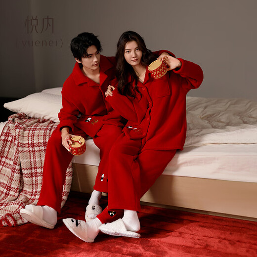Yuenei red pajamas for wedding and newlyweds, autumn and winter coral velvet and thickened home clothes for men and women, zodiac year 34402 lucky red, men's 2XL (175) weight 140-160Jin Jin is equal to 0.5 kg