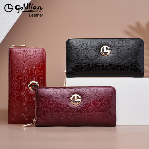 Goldlion handbag women's long wallet fashion glossy leather wallet multi-functional women's zipper cowhide clutch mother bag [Purple] exquisite gift box