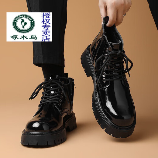 Specht Martin Stiefel Männer Britisch im Britisch-Stil Lackleder glänzend mittelgroßen Lederschuhen Sommer atmungsaktiv dicke Sohle erhöhte Leder-High-Top-Arbeitsstiefel Schwarz 41