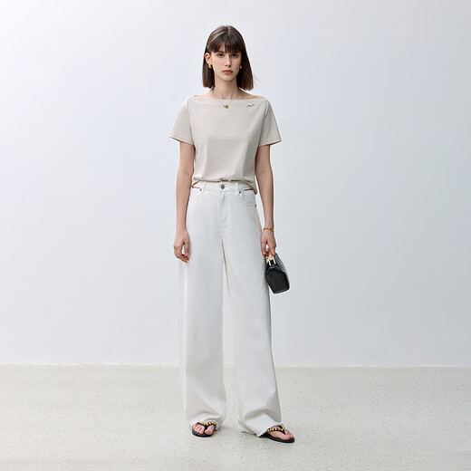 LILY summer new fashion basic one-line collar urban commuting casual versatile T-shirt fit solid color short sleeves 702 light rice casino S