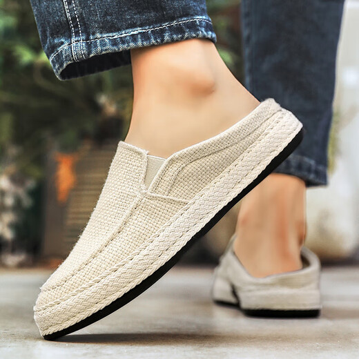 Changxiang Huili Canvas Herrenschuhe im Sommer vielseitige Freizeitbrettschuhe Faule Menschen Pedal Herren alte Peking -Stoffschuhe arbeiten weiche alleinige trendige Schuhe Beige 42