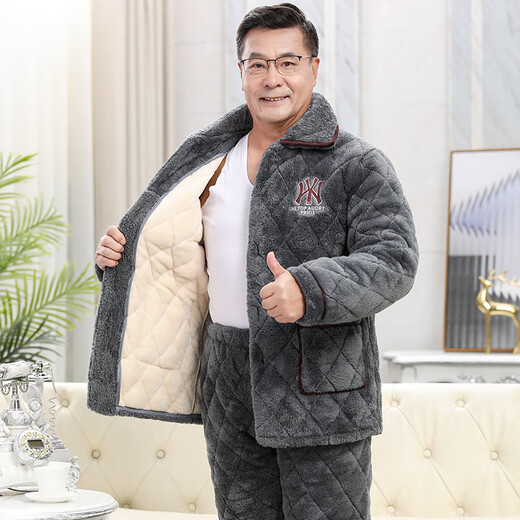 Pajama de hombres modales en otoño e invierno, con un terciopelo de coral espesado de tres capas, calidez de algodón con algodón, de mediana edad y ancianos, juego de ropa para el hogar C9913# Blue Men [arado] 3 capas XL (125-145Jin [Jin equivale a 0.5 kg])