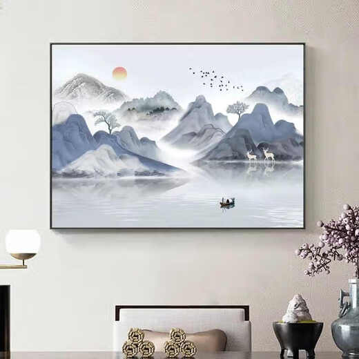 
Sensual paintings New Chinese style landscape paintings Restaurant dining room decoration painting Atmospheric bedroom bedside hanging paintings Living room tea room background wall mural JD15685 100*70CM crystal porcelain aluminum alloy black frame