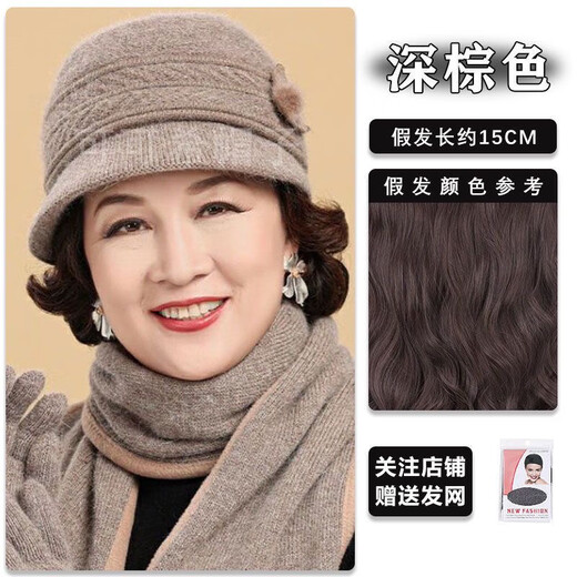 Gu Wenlun's hat with wig for middle-aged and elderly women in autumn and winter 2025 season mother's style short curly hair full head hat plus velvet versatile style (khaki hat) dark brown curly hair (hair net)