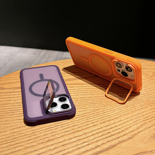 韵宁 适用于iPhone15Promax手机壳苹果14pro高级感磁吸无线充13全包翻盖镜头支架17pro磨砂防指纹保护 【钛灰色】护镜支架磨砂磁吸壳 iPhone15Promax