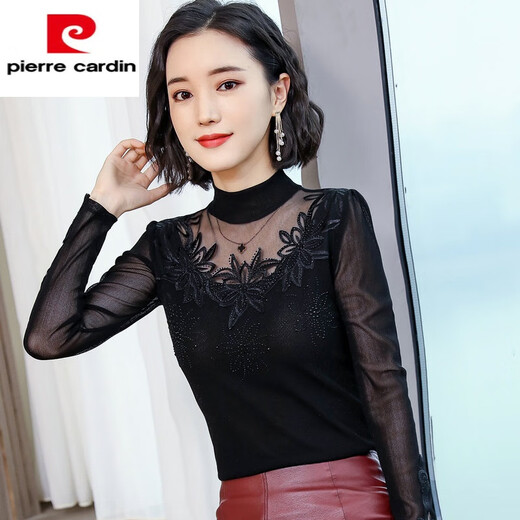 
Pierre cardin mesh bright silk base shirt for women autumn 2025 new high-neck inner long-sleeved T-shirt lace top for women 6224 black paper-cut flower thin XL (90Jin [Jin equals 0.5 kg]-115Jin [Jin equals 0.5 kg])
